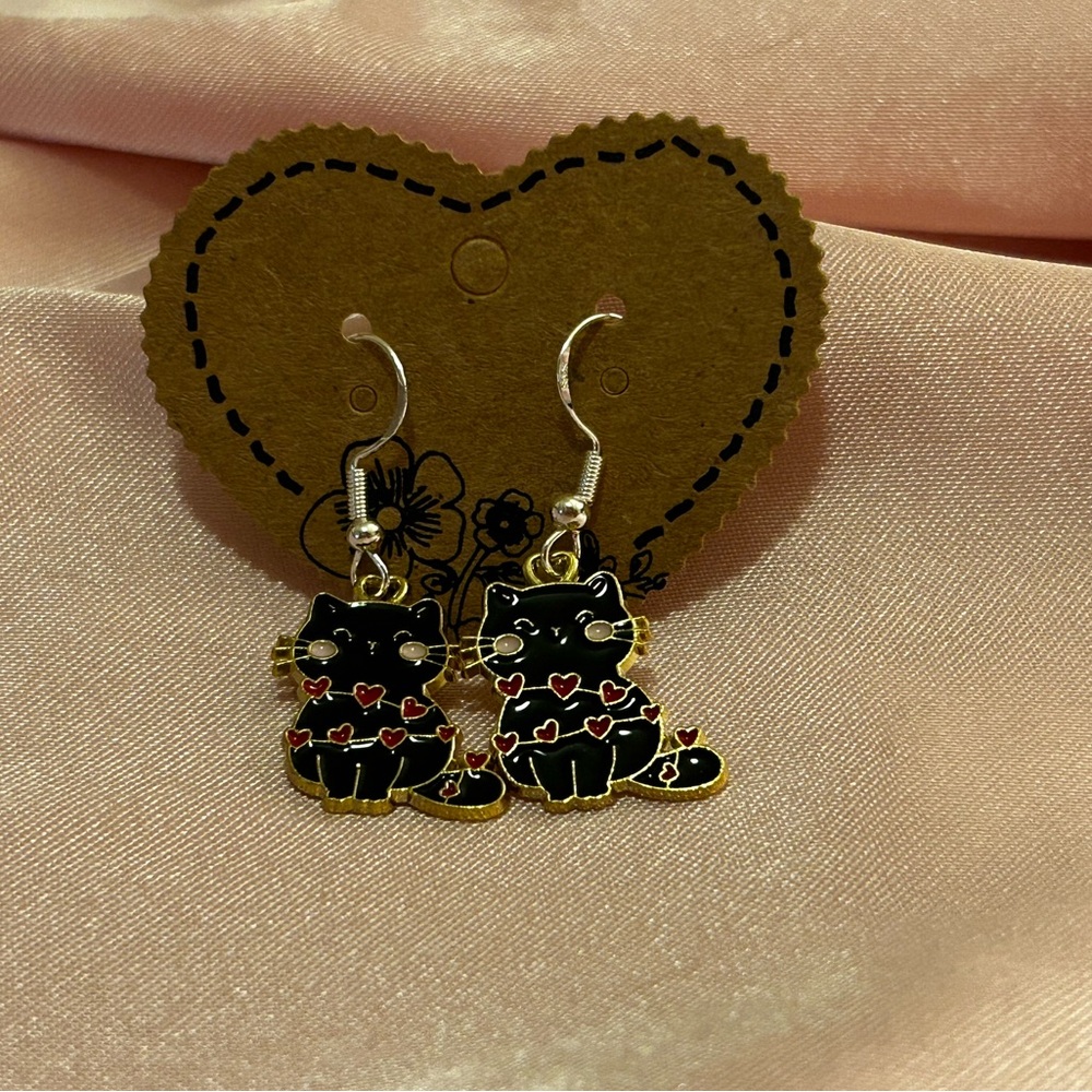 Handmade Black Cat Enamel Earrings